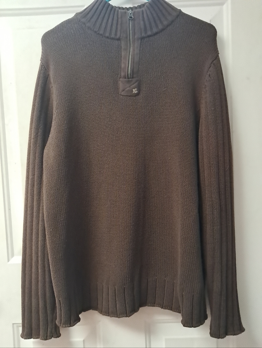 VTG. 90s Polo Jeans Co.Ralph Lauren Cable Knit 1/4 Zip Mens Lsrge Sweater. Brown